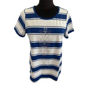 Coral Bay Womens Striped Top Blue White Floral Embellished, Size Medium